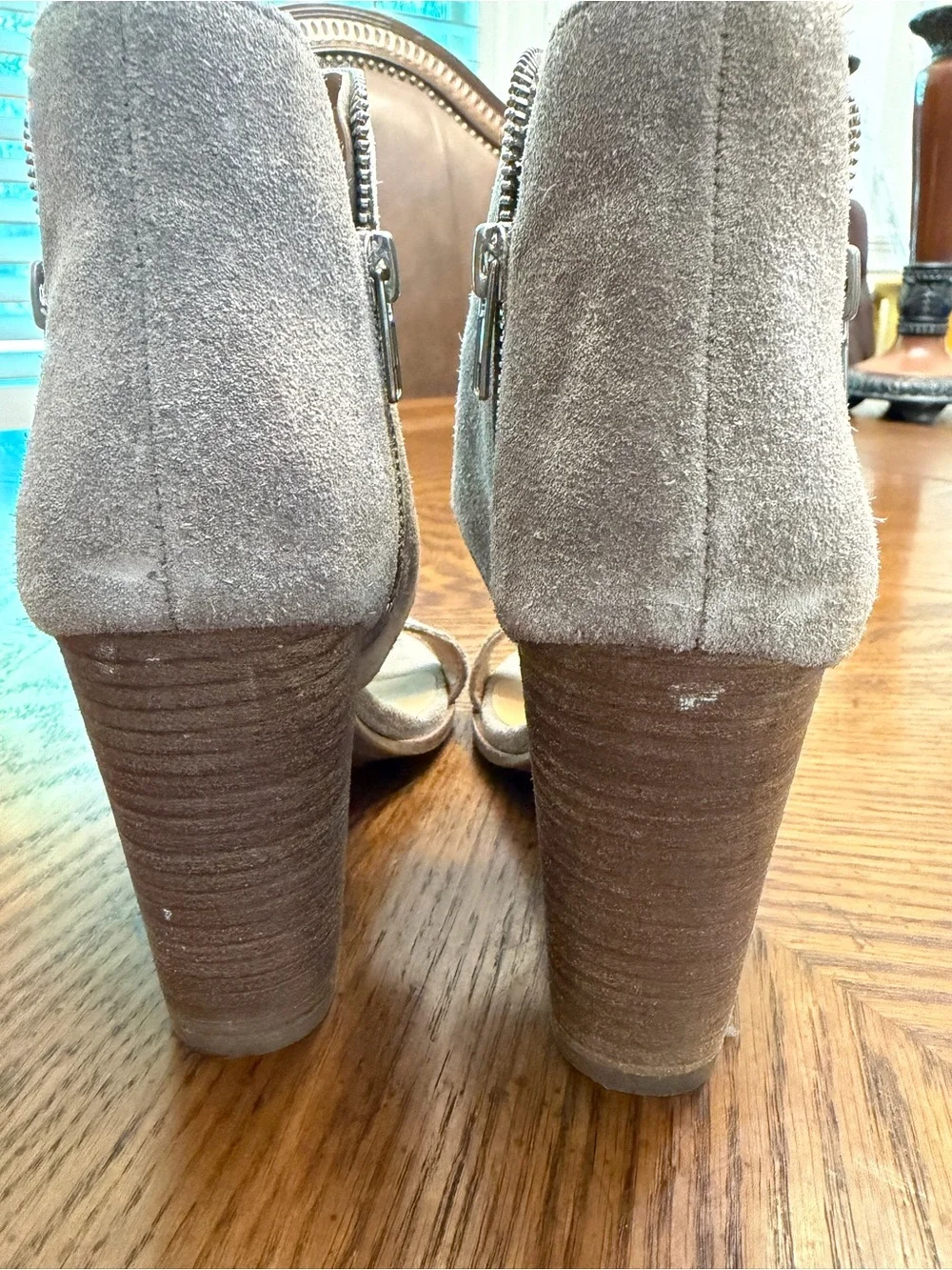 Dolce Vita Suede Open-Toe Block Heel Ankle Shoes in Taupe